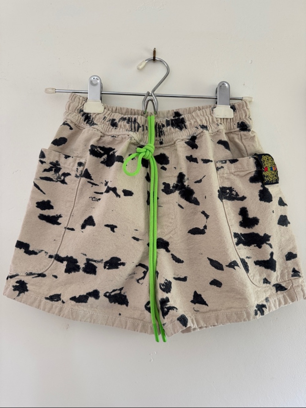 Beige & Dark Blue MEALS Brand Women’s Drawstring Shorts with Neon Green Cord